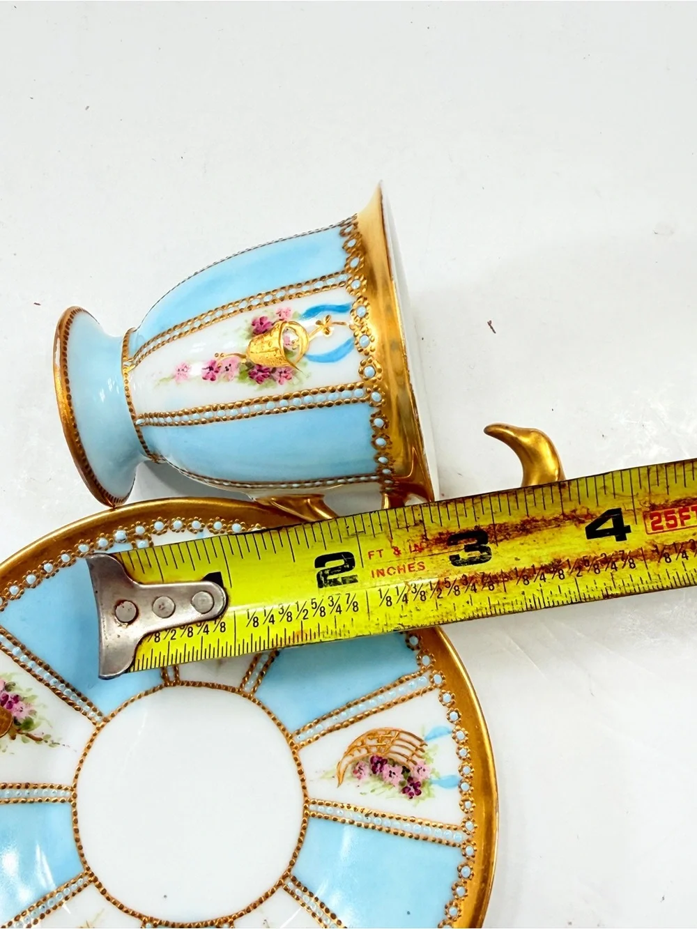SUPER RARE Antique 1900s Rosenthal Tea Cup Saucer Set Sky Blue Gold Swan Handle